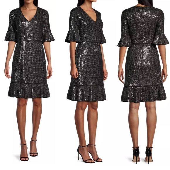 SHANI S-2025 SEQUIN RUFFLE HALF SLEEVE GRAY SILVER HOLIDAY COCKTAIL DRESS - Picture 3 of 14